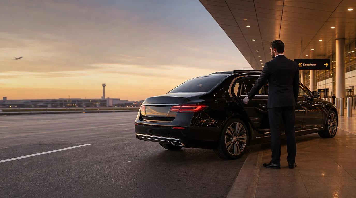 Navette aeroport FJ13, chauffeur prive et vehicule devant un terminal