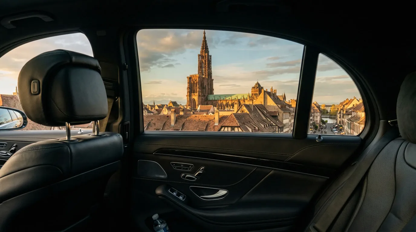 La cathedrale Notre-Dame de Strasbourg vue par la vitre arriere d'une berline, chauffeur prive VTC a Strasbourg et en Alsace
