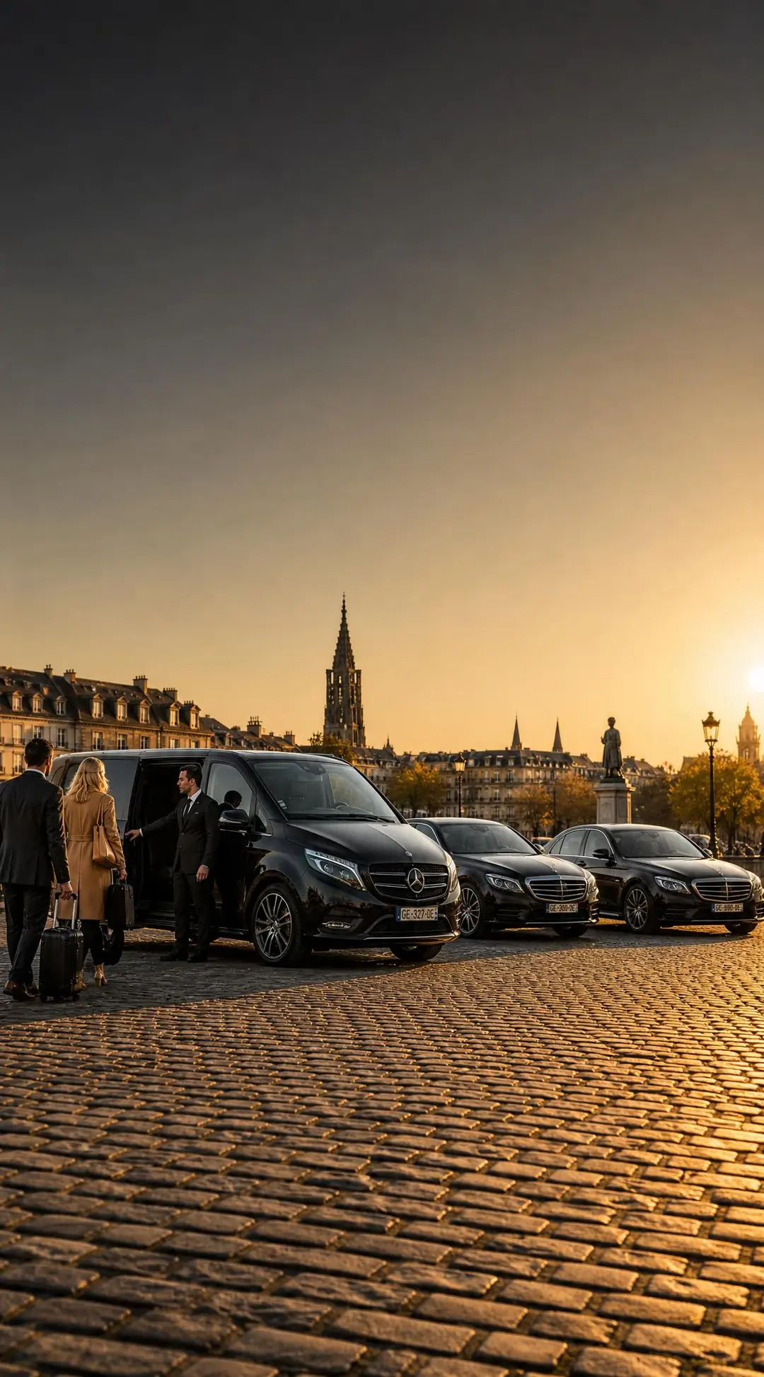 VTC Strasbourg : Van Mercedes Classe V et berlines FJ13 avec chauffeurs devant la cathédrale de Strasbourg au coucher du soleil