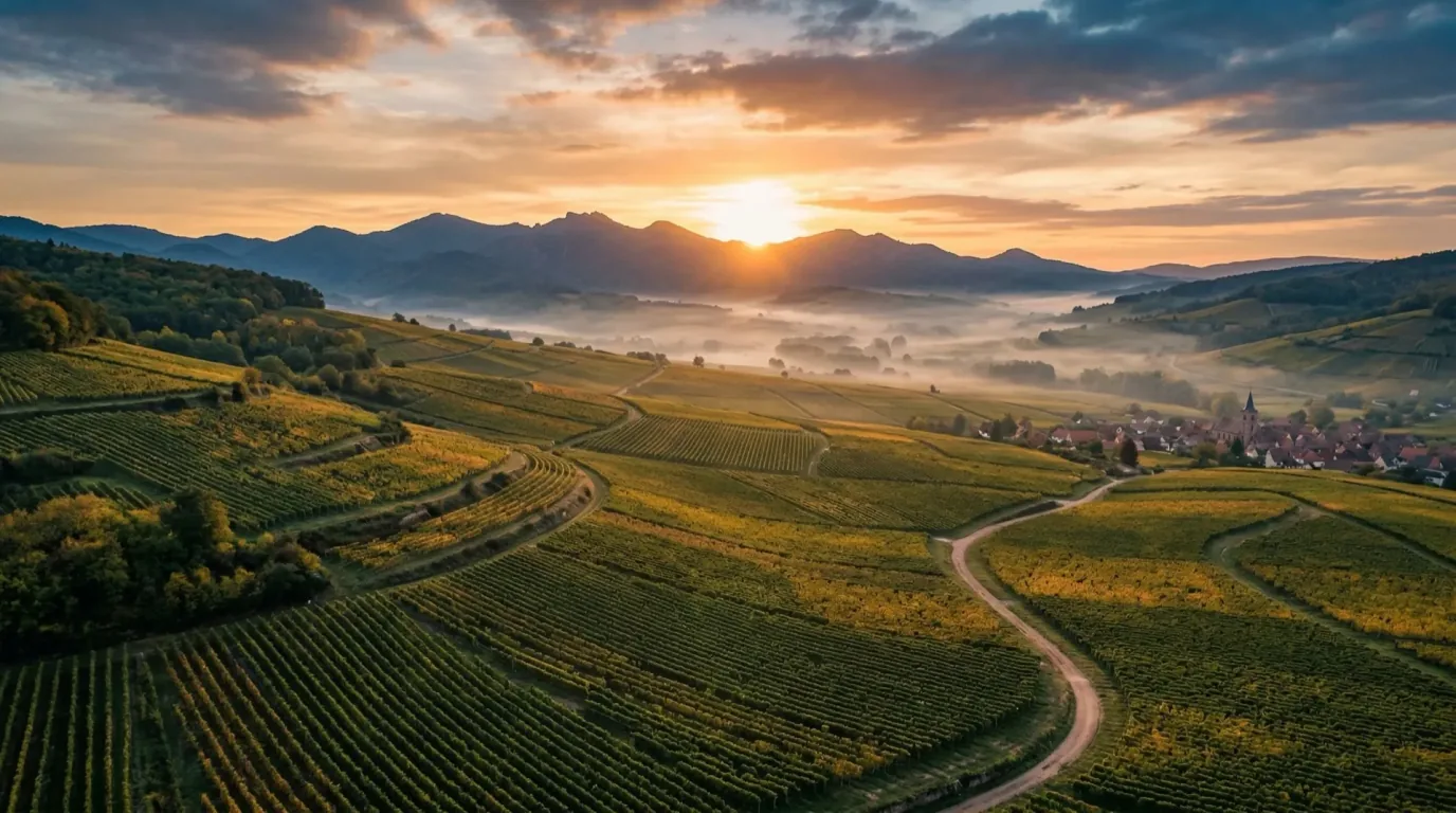 Vignobles de la Route des Vins d'Alsace au lever du soleil, circuits privés avec chauffeur FJ13